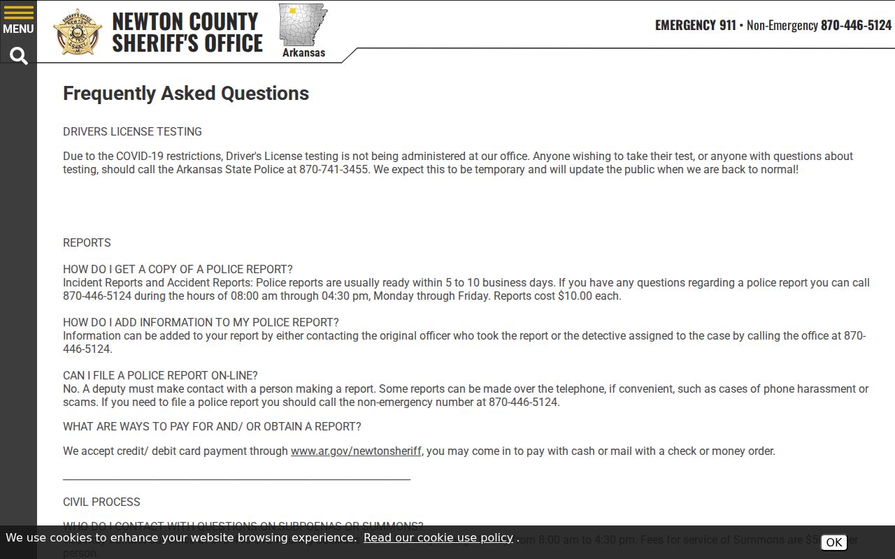 Newton County Sheriff FAQ for arrest reports and detainee records