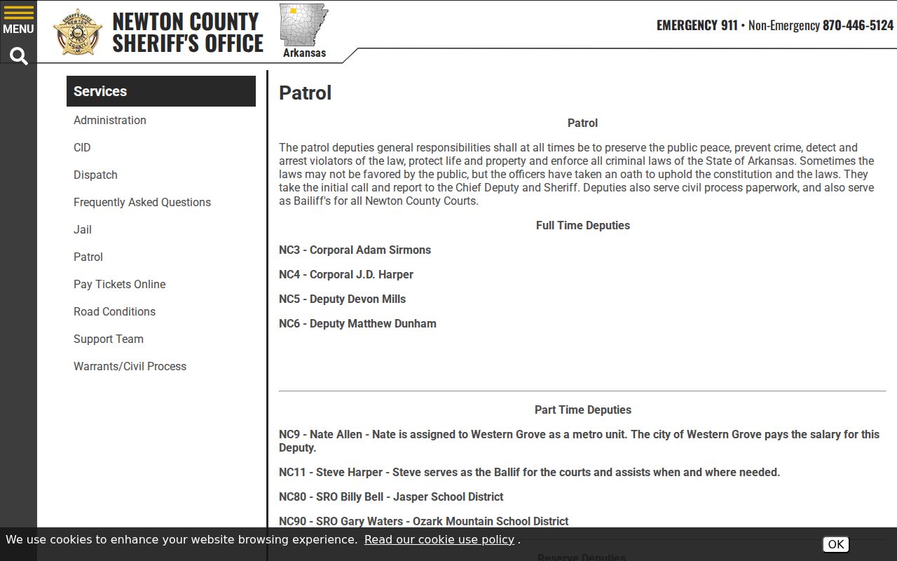 Newton County Sheriff patrol page serving Jasper and Western Grove