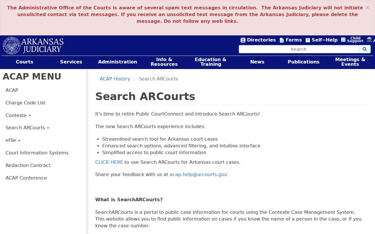 Search ARCourts and CourtConnect public case information page