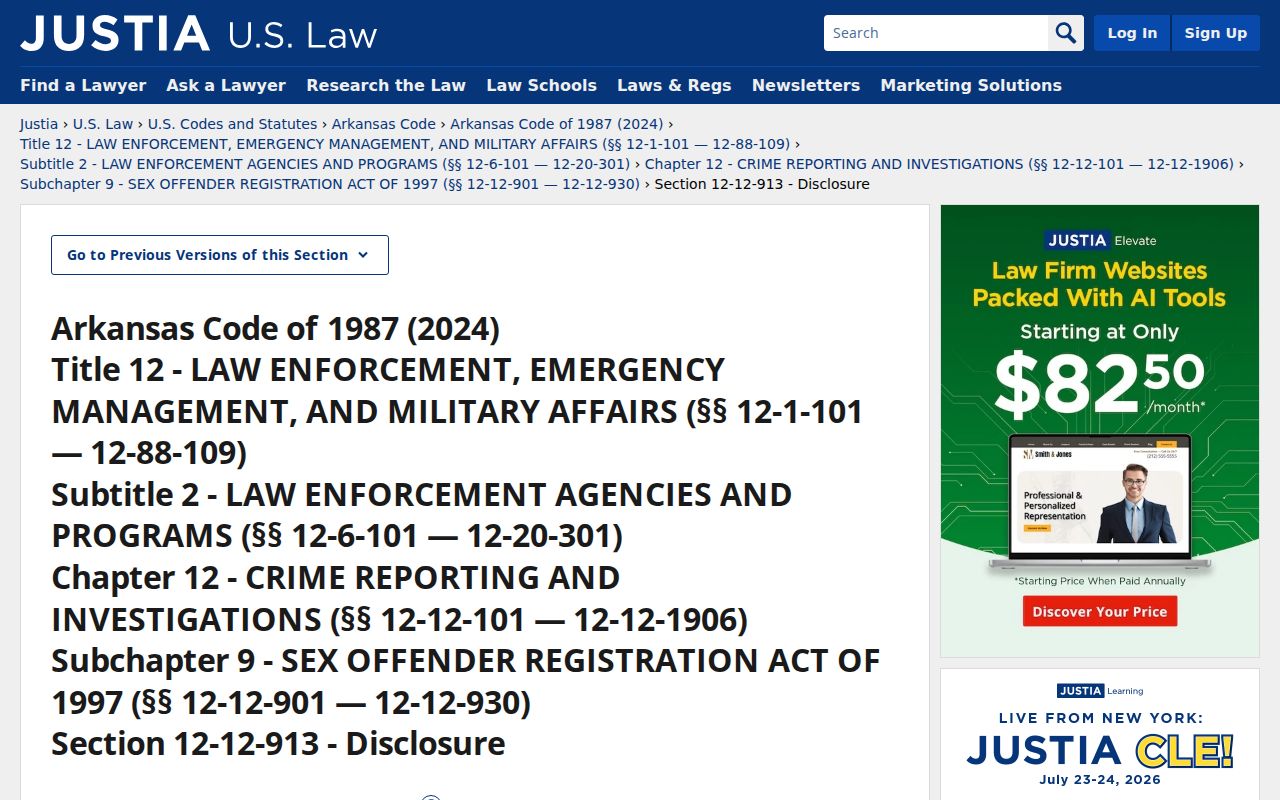 Arkansas Code sex offender disclosure statute for public registry information